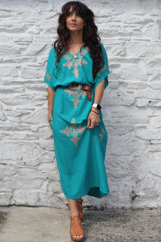 Teal dress with gold embroidery