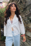 White embroidered tie front blouse