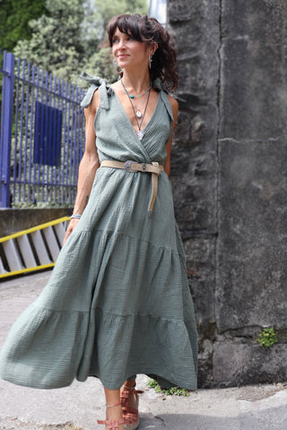 Khaki Cheesecloth tiered dress