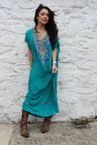 Floral embroidered turquoise dress