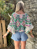 Colourful lace crochet trim top