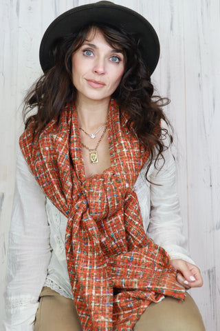 Check speckle knit scarf (Orange)