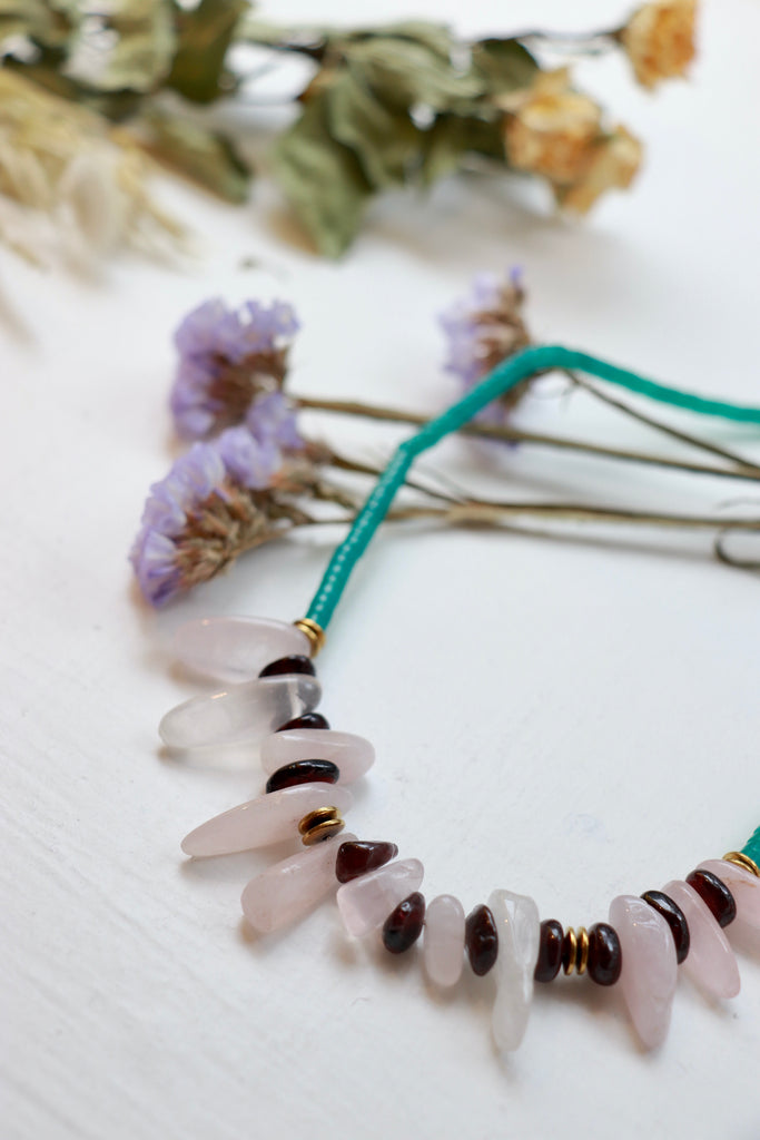 Turquoise and pink stone beaded necklace