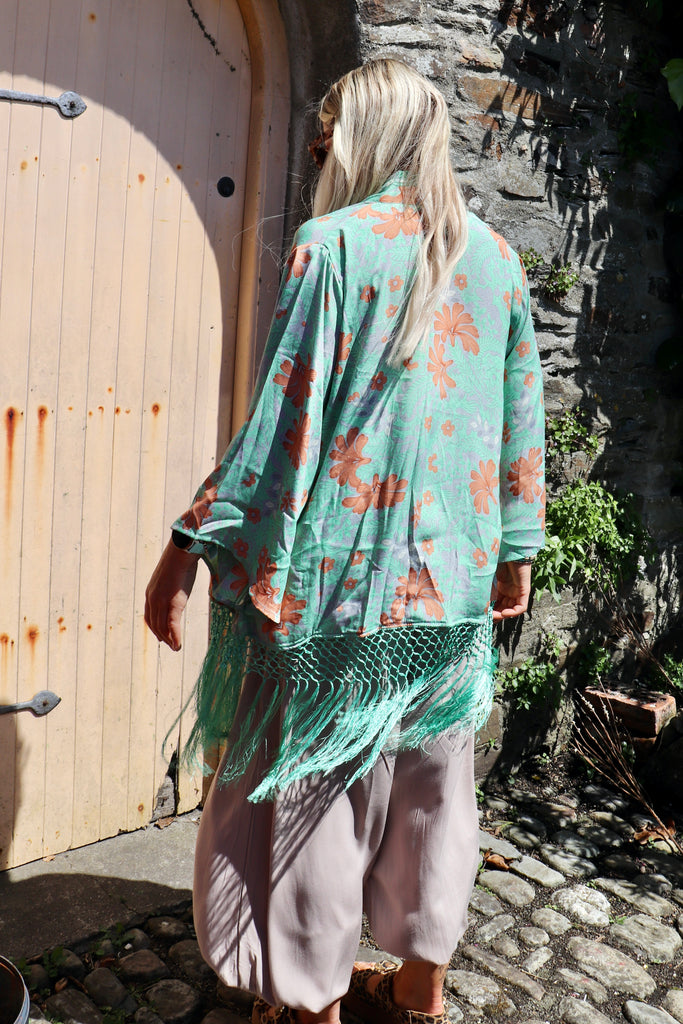 Mint fringed kimono