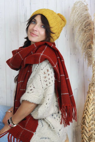 Mustard pom pom beanie