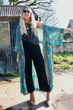 Blue floral long silky kimono