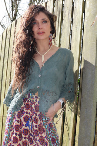 Khaki crochet trim blouse