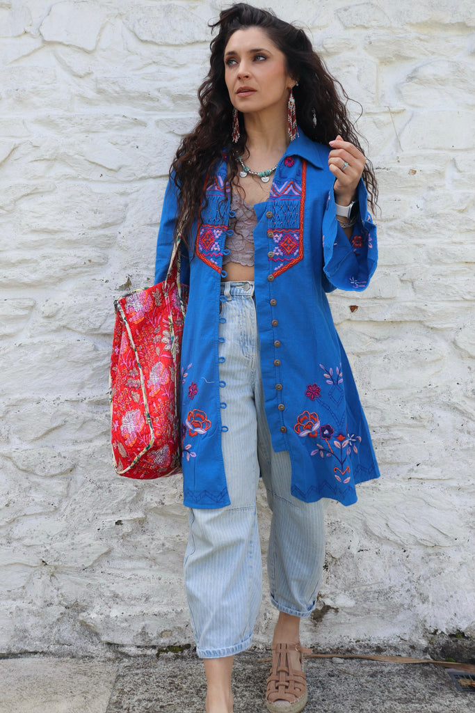 Flared sleeve floral beaded embroidered top