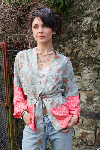 Sage and peach patterned kimono