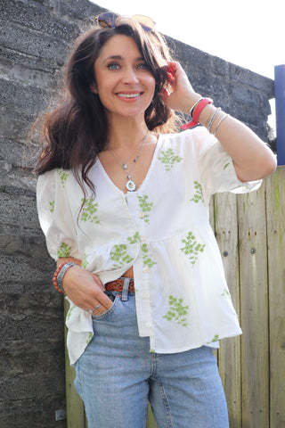 Light green floral embroidered blouse